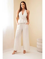 Dámsky viskózový komplet s uzlíkovým topom a širokými nohavicami béžovej farby Dámsky viskózový komplet s uzlíkovým topom a širokými nohavicami béžovej farby