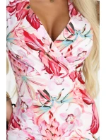 379-6 BOYKA Priliehavé midi šaty s obálkovým výstrihom - biele s ružovými kvetmi