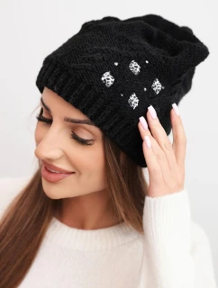 Dámska zimná vlnená čiapka s ozdobnými aplikáciami K468 čierna
