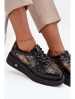 Skórzane Sznurowane Półbuty Damskie Na Platformie Artiker 57C2042 Czarno-Złote