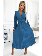 504-5 VIVIANA Plisované midi šaty s výstrihom, dlhými rukávmi a širokým opaskom - JEANS 504-5 VIVIANA Plisované midi šaty s výstrihom, dlhými rukávmi a širokým opaskom - JEANS