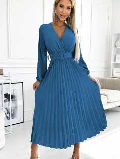 504-5 VIVIANA Plisované midi šaty s výstrihom, dlhými rukávmi a širokým opaskom - JEANS