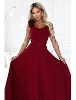 643-9 Elegantné večerné maxi šaty s rozparkom a ružami – bordové 643-9 Elegantné večerné maxi šaty s rozparkom a ružami – bordové