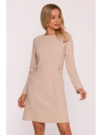S419 Šaty s ozdobnými gombíkmi v páse - béžové