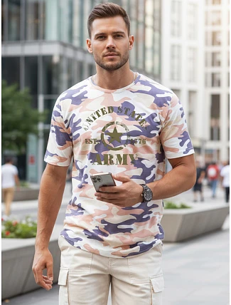 Pánske tričko s potlačou v kamuflážovom vzore, béžové, FashionStreet NX2002R