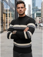 Pánsky pruhovaný sveter s polovičným rolákom čierny FashionStreet WX2127 Pánsky pruhovaný sveter s polovičným rolákom čierny FashionStreet WX2127
