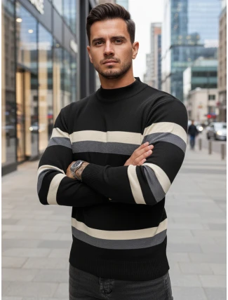 Pánsky pruhovaný sveter s polovičným rolákom čierny FashionStreet WX2127 Pánsky pruhovaný sveter s polovičným rolákom čierny FashionStreet WX2127