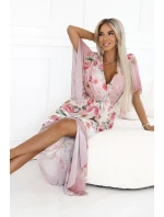 603-4 Vzdušné maxi šaty s obálkovým výstrihom a kvetinovým vzorom - PINK Roses