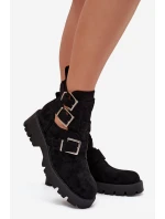 Botki Damskie Z Paskami I Srebrnymi Klamrami Czarne Helisse