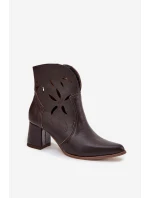 Skórzane Ażurowe Botki Damskie Na Słupku Zazoo 3647 Czekoladowe