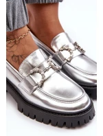 Damskie Skórzane Półbuty Na Masywnym Obcasie Srebrne Lemmitty