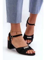 Sandały Damskie Eko Zamszowe Na Słupku Z Ozdobami Czarne Narhi