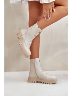 Ocieplane Botki Workery Damskie Na Zamek Eko Skórzane Jasnobeżowe Mailyra