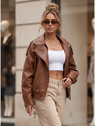 Dámska kožená bunda so stojáčikom, svetlohnedá, FashionStreet TY6065 Dámska kožená bunda so stojáčikom, svetlohnedá, FashionStreet TY6065