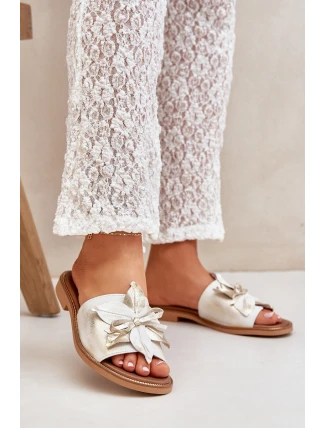 Klapki Z Ozdobą Skóra Naturalna Zazoo 3667 Złoty Przecierany