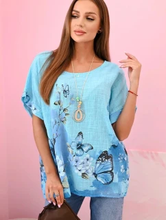 Dámske bavlnené tričko s motýľmi a kvetmi tyrkysové