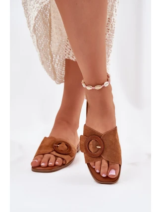 Klapki Damskie Na Płaskim Obcasie Z Klamrą Camel Lanoni