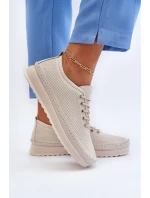 Skórzane Sportowe Buty Trampki Damskie Beżowe Lalnai