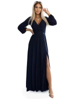 572-1 Dlhé trblietavé šaty NELA s výstrihom a dlhými rukávmi - ZELENÉ