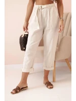 Dámske ľanové nohavice s bavlnou a opaskom béžovej farby