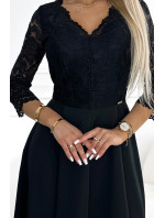 AMBER - Elegantné čierne čipkované dlhé šaty s výstrihom a rozparkom na nohách 309-11
