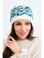 Dámska zimná vlnená čiapka s nórskym vzorom K354 white+turquoise