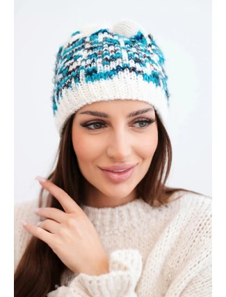 Dámska zimná vlnená čiapka s nórskym vzorom K354 white+turquoise