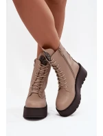 Skórzane Botki Damskie Z Ozdobą Ocieplane Beżowe Ulrika
