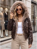 Dámska zimná kožená bunda s kožušinou, hnedá, FashionStreet TY5976 Dámska zimná kožená bunda s kožušinou, hnedá, FashionStreet TY5976