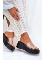 Klapki Damskie Z Transparentnym Paskiem Na Koturnie Czarne Meltiana