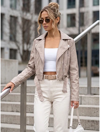 Dámska bunda v štýle Ramones s koženým opaskom, béžová, FashionStreet TY5719 Dámska bunda v štýle Ramones s koženým opaskom, béžová, FashionStreet TY5719