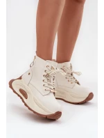 Skórzane Ocieplane Botki Damskie Na Platformie GOE SS2N4300 Jasnobeżowe