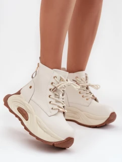 Skórzane Ocieplane Botki Damskie Na Platformie GOE SS2N4300 Jasnobeżowe