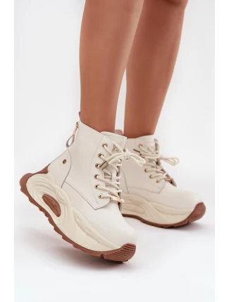 Skórzane Ocieplane Botki Damskie Na Platformie GOE SS2N4300 Jasnobeżowe