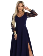 640-3 LORETTA jedinečné dlhé šaty s tylovými rukávmi a výstrihom - tmavomodré