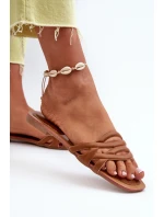 Klapki Damskie Eko Skórzane Na Płaskim Obcasie Brązowe Moldela