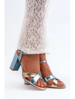 Eko Skórzane Sandały Na Obcasie Słupku Niebiesko-Złote Abilica