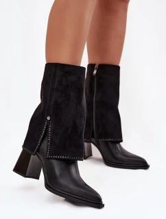Skórzane Botki Damskie Na Słupku Z Wywiniętą Cholewką Ocieplane Maciejka K7206-01 Czarne