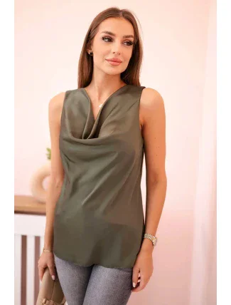 Dámska saténová blúzka s vodným výstrihom - elegantný strih khaki