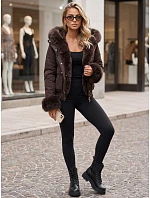 Krátka dámska zimná bunda s kožušinou, čokoládová, FashionStreet TY5999