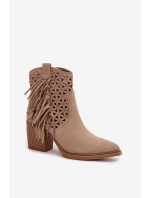 Dámské perforované kožené boty s kovbojským vzhledem na podpätku s třásněmi Béžové Calissey