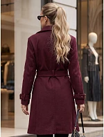 Elegantný dámsky kabát s výstrihom a opaskom v bordovej farbe, FashionStreet NY0786