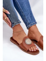 Eko Skórzane Klapki Na Płaskim Obcasie Z Ozdoba Camel Tatereia