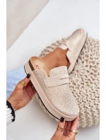 Klapki Damskie Zdobione Cyrkoniami Na Platformie Beżowe Deorani