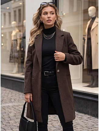 Dámsky klasický jednořadový kabát, hnedý, FashionStreet NY0795 Dámsky klasický jednořadový kabát, hnedý, FashionStreet NY0795