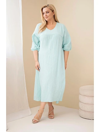 Dámske Plus veľkosť bavlnený mušelín V-neck Mint šaty