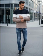 Pánsky sveter s okrúhlym výstrihom tmavo modrý a béžový FashionStreet WX2321