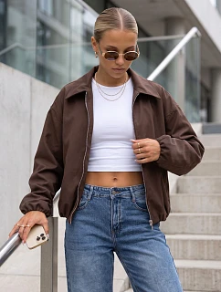 Krátka dámska prechodná bunda typu bomber bez kapucne, hnedá, FashionStreet TY5957