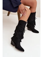 Ocieplane Kozaki Kowbojki Damskie Z Frędzlami Czarne Brivina