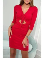 Rebrované šaty s viazaným výstrihom červené